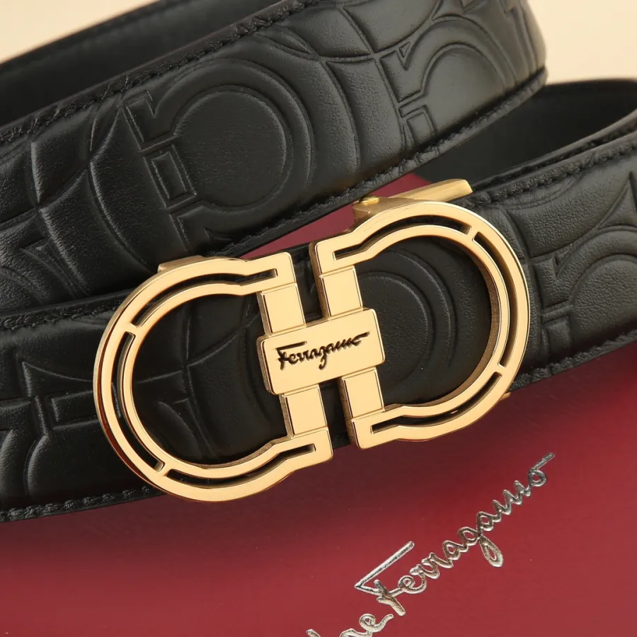 Ferragamo Men's Hollow Double Gancini Buckle Belt In Black Calfskin With Gold/Silver Hardware 35mm