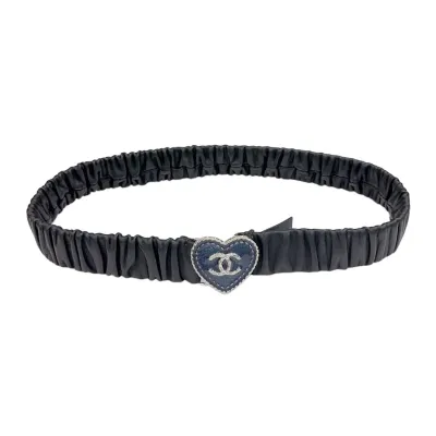 Chanel Women's Heart/CC Buckle Elastic Belt In Black Lambskin With Gold/Silver Hardware 30mm