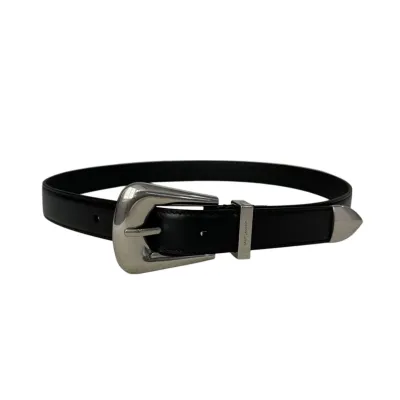 Saint Laurent Folk Buckle Belt In Black Brushed Leather With Gold/Silver Hardware 25mm
