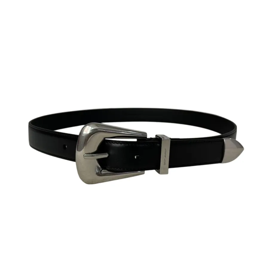 Saint Laurent Folk Buckle Belt In Black Brushed Leather With Gold/Silver Hardware 25mm