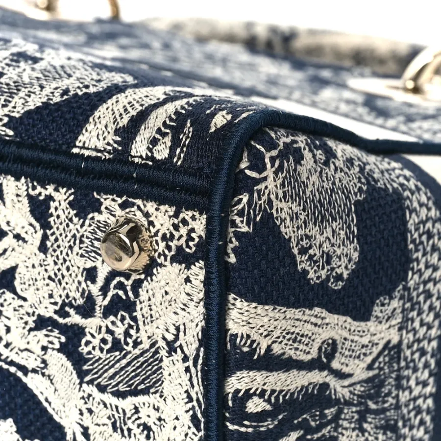 Dior Medium Toile De Jouy Lady D-Lite Blue Embroidered Canvas Gold Hardware