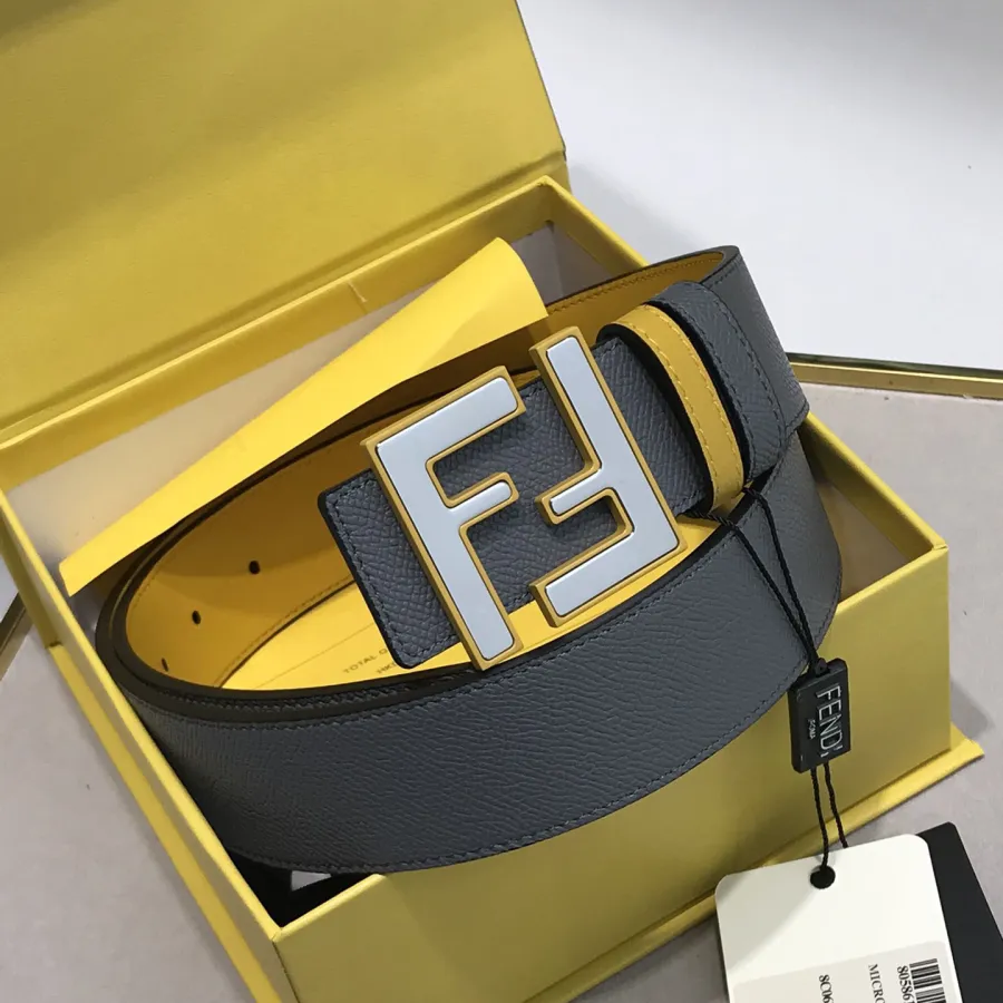 Fendi Men's Rounded FF Reversible Belt In Black/Yellow/Grey/Blue Calfskin With Silver Hardware 38MM