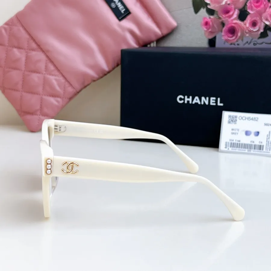 CHANEL square frame pearl glasses white color SIZE 54-17-140