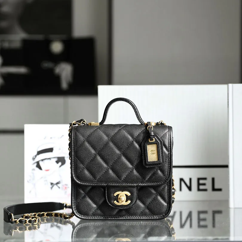 Chanel Black Quilted Caviar Leather 20.5cm / 25cm Crossbody Bags Top-Handle Bags