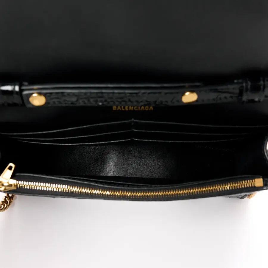 Balenciaga XS Hourglass Chain Bag Black Crocodile Embossed Shiny Calfskin Leather Gold Hardware