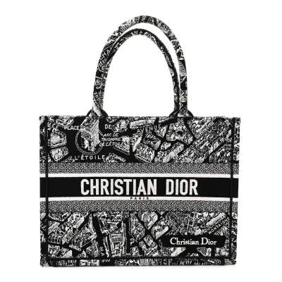 Dior Medium Plan De Paris Book Tote Black/White Embroidered Canvas