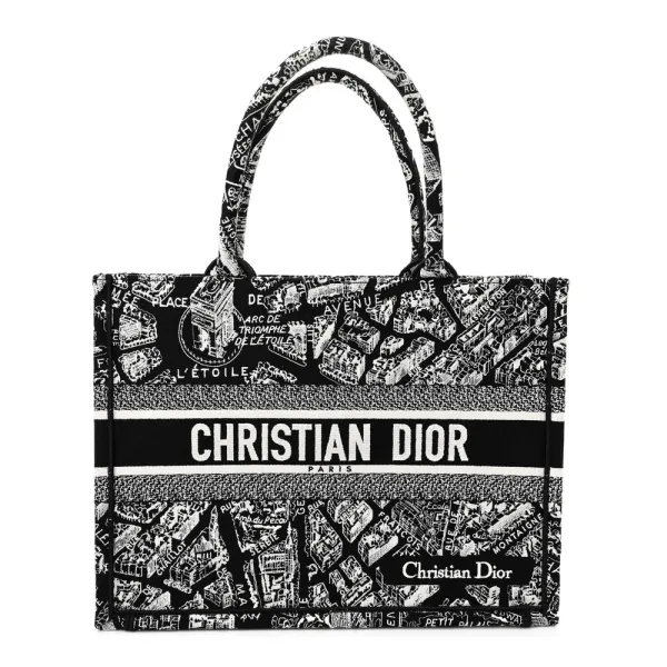 Dior Medium Plan De Paris Book Tote Black/White Embroidered Canvas