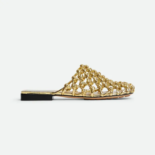 Bottega Veneta Riva Flat Mule In Gold Woven Hand-Knotted Leather Mule Pump