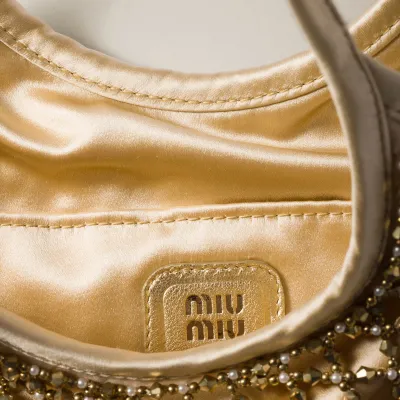 Miu Miu IVY Jewelry-Embroidered Duchess Satin Handbag Gold Shoulder Bags