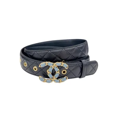 Chanel Women's CC Belt In Black Lambskin With Gold/Silver Hardware 30mm
