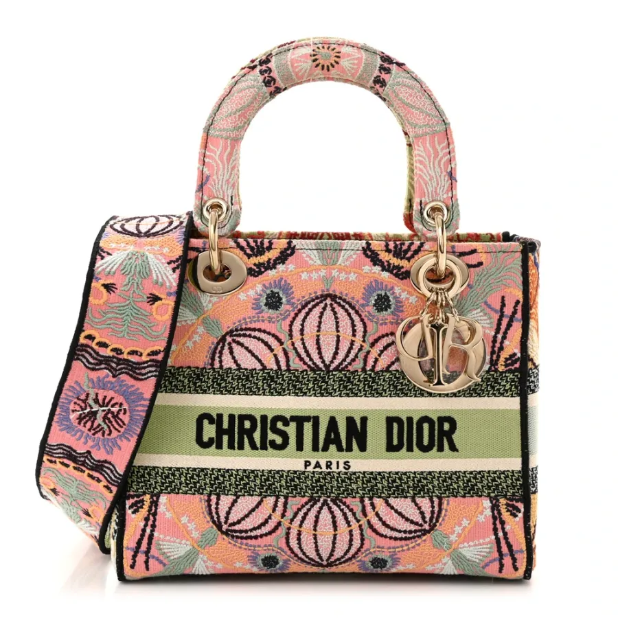Dior Medium Lady D-Lite Multicolor Embroidered Canvas Gold Hardware