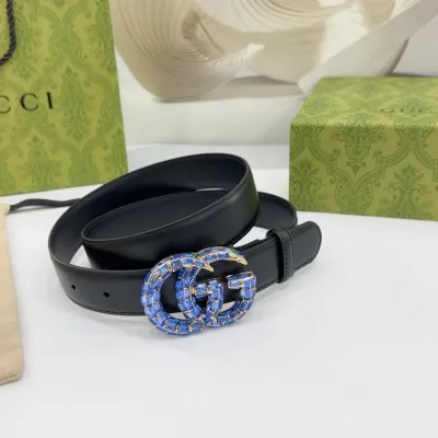 Gucci Women's GG Buckle With Crystals Marmont Thin Belt In Black/Red/Khaki/White/Grey/Green Smooth Calfskin With Gold/Silver Hardware 30mm