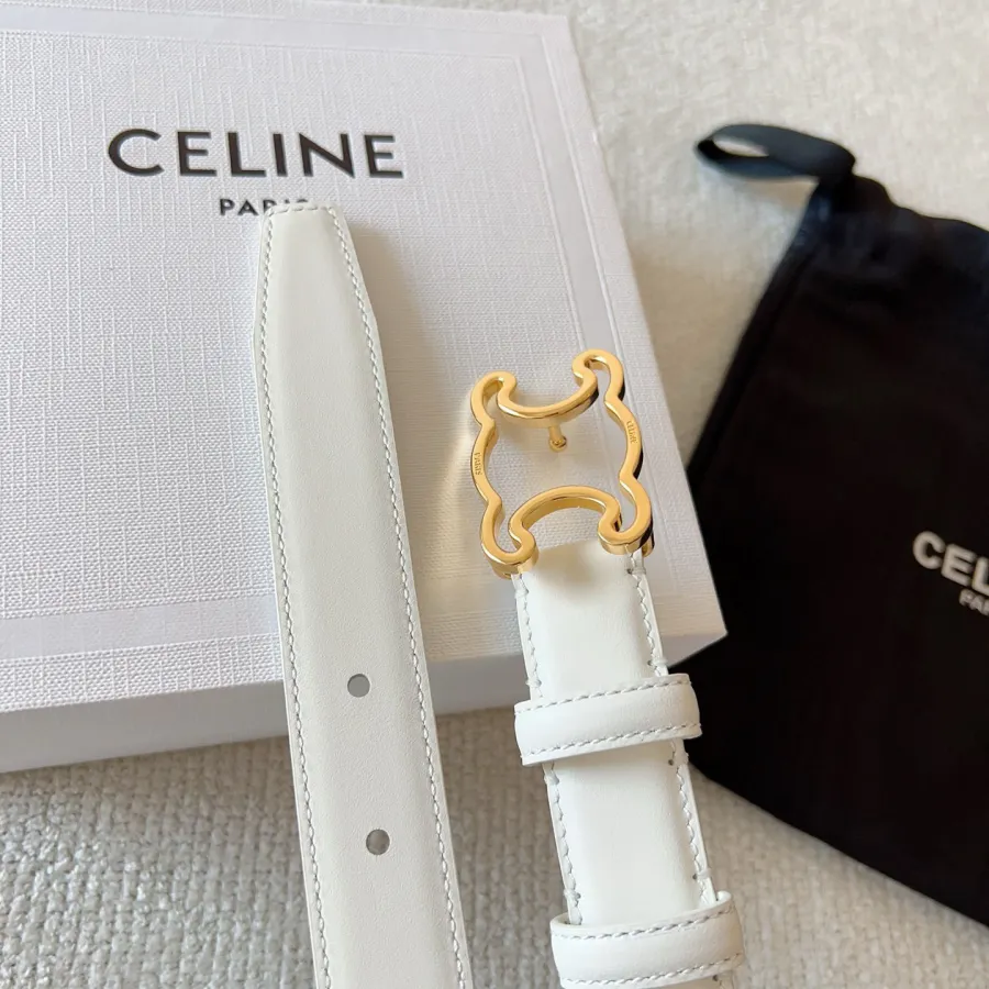 Celine Hollow Triomphe Buckle Belt In Black/White/Brown Calfskin With Gold Hardware 25mm