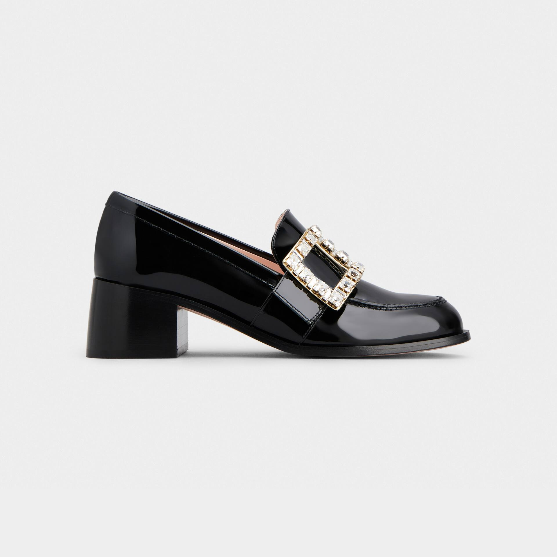 Roger Vivier Viv' Rangers Loafers Em Couro Verniz Preto Com Fivela De Cristal (Altura Do Salto 5,5cm)