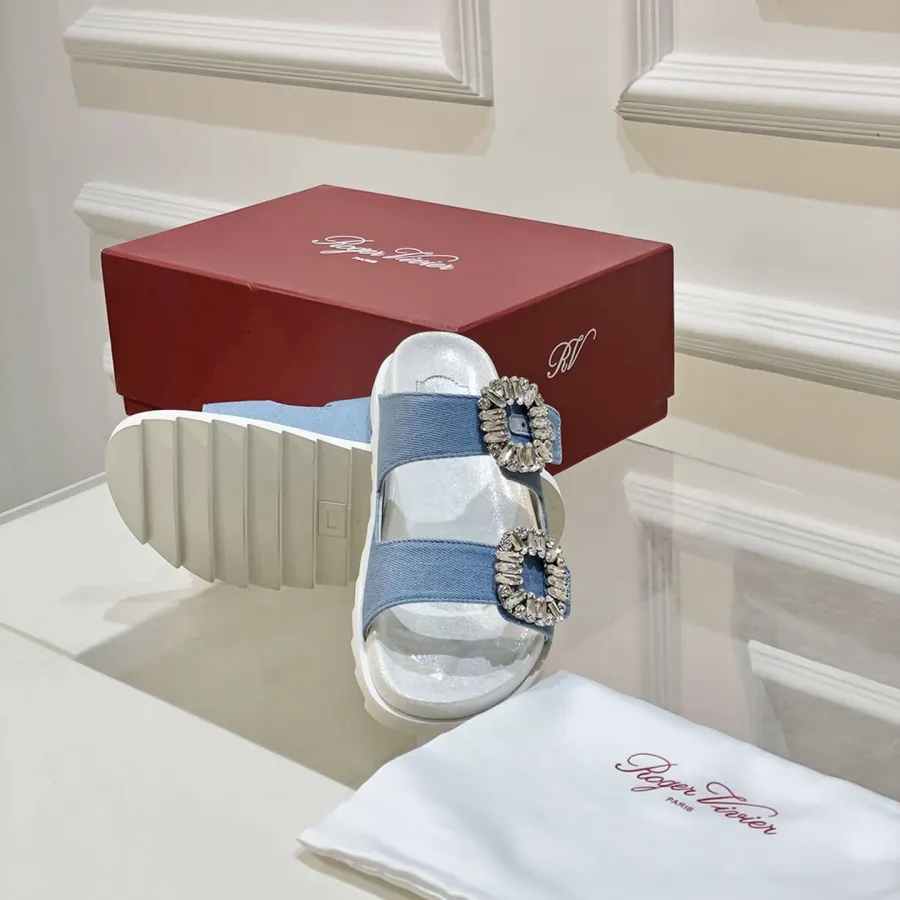 Roger Vivier Slidy Viv' Mules Sandals In Denim Blue With Crystal Buckle