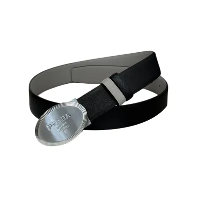 Prada Men' s Oval Buckle Belt In Black/Brown/Burgundy/Grey Saffiano Calfskin With Gold/Silver Hardware 34mm