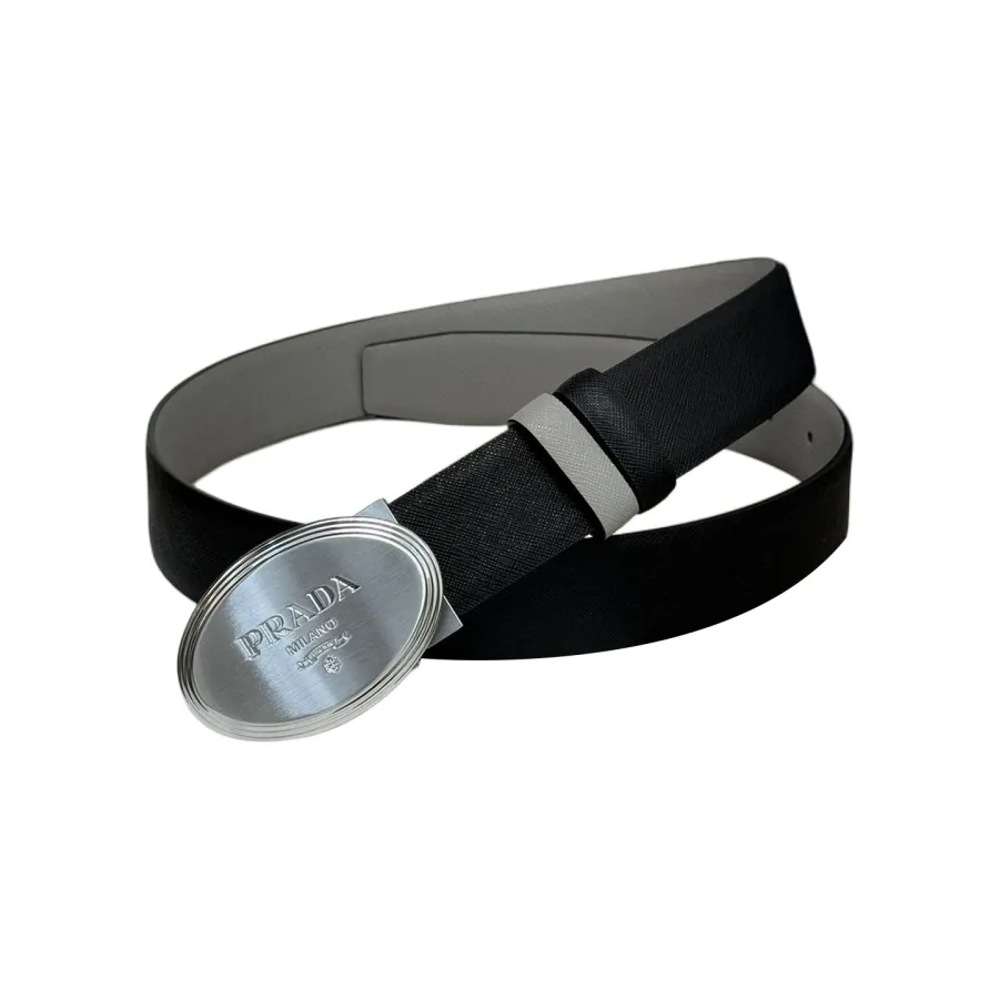 Prada Men' s Oval Buckle Belt In Black/Brown/Burgundy/Grey Saffiano Calfskin With Gold/Silver Hardware 34mm