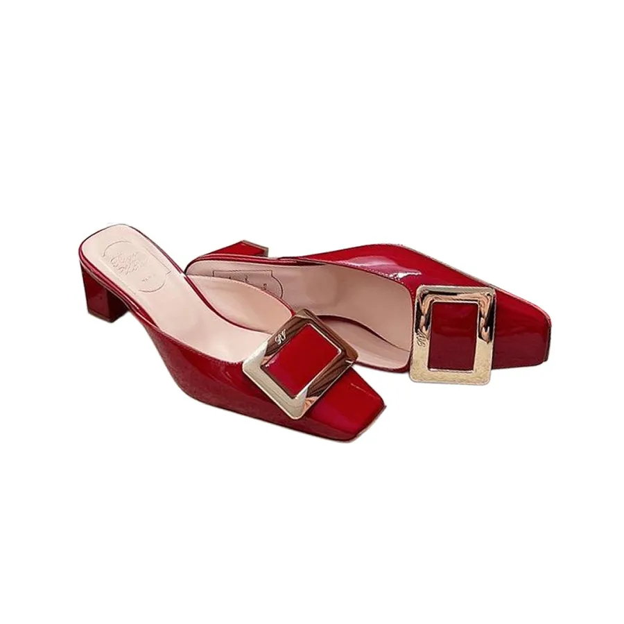 Roger Vivier Belle Vivier Mules Sandals In Red/Grey/Apricot/Beige/Pink/Black Patent Leather With Metal Buckle (Heel Height 4.5cm)