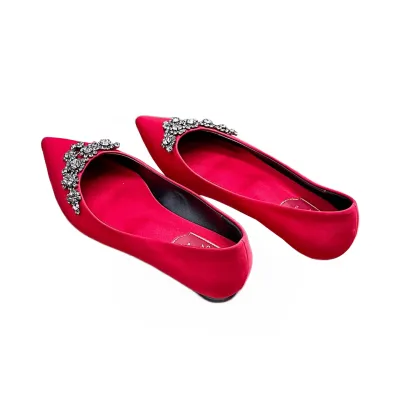 Roger Vivier Efflorescence Ballerinas In Red/Silver Satin With Crystal Flowers Buckle (Heel Height 1cm)