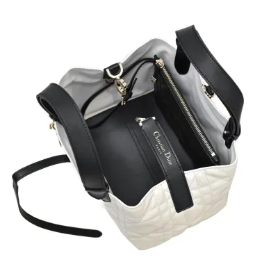 Dior Small Dior Toujours Bag In White And Black Macrocannage Calfskin With Light Gold Hardware