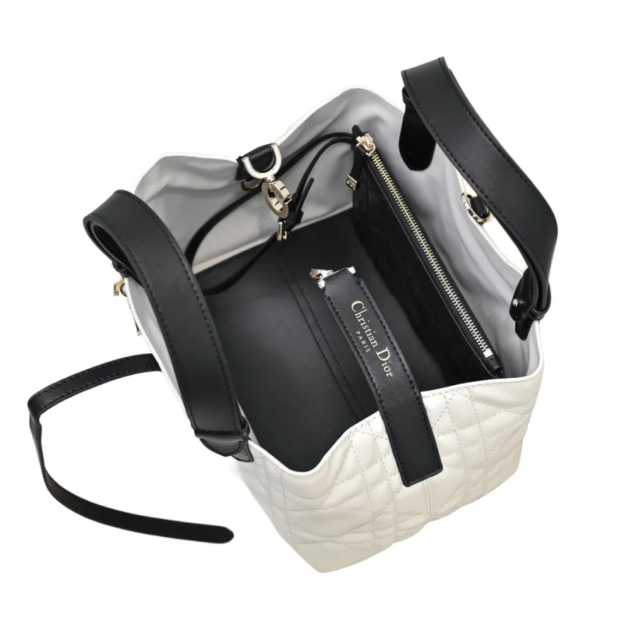 Dior Small Dior Toujours Bag In White And Black Macrocannage Calfskin With Light Gold Hardware
