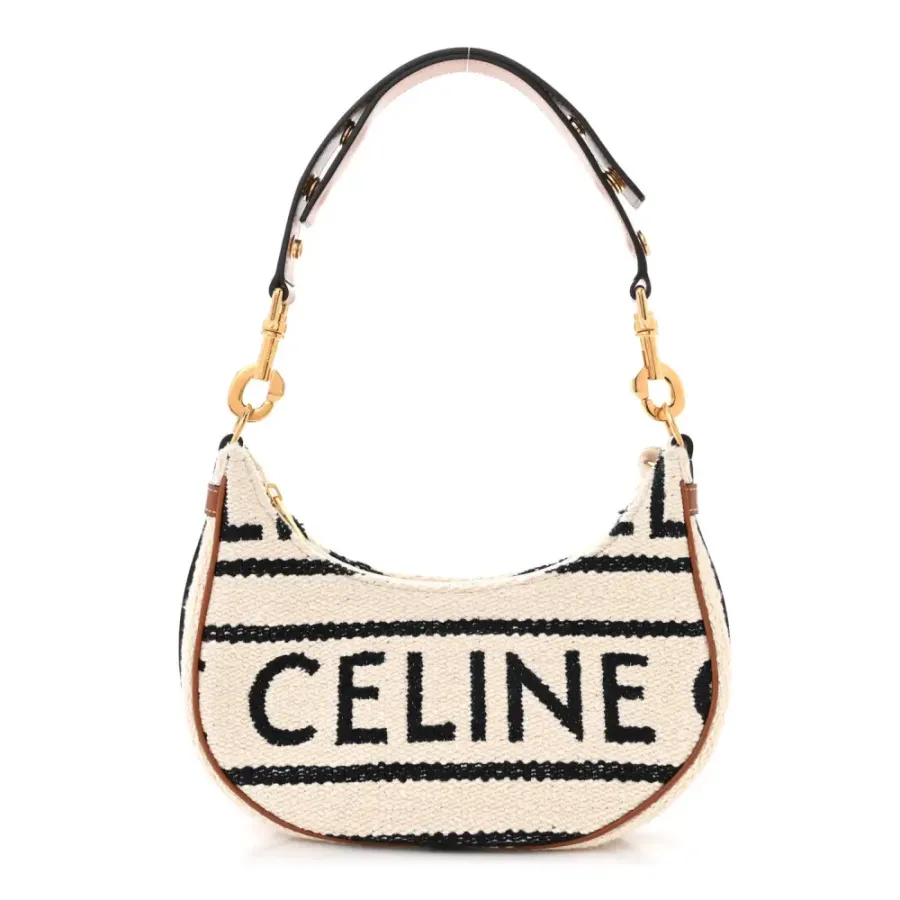 Celine Medium Ava Shoulder Bag White/Black Textile Gold Hardware