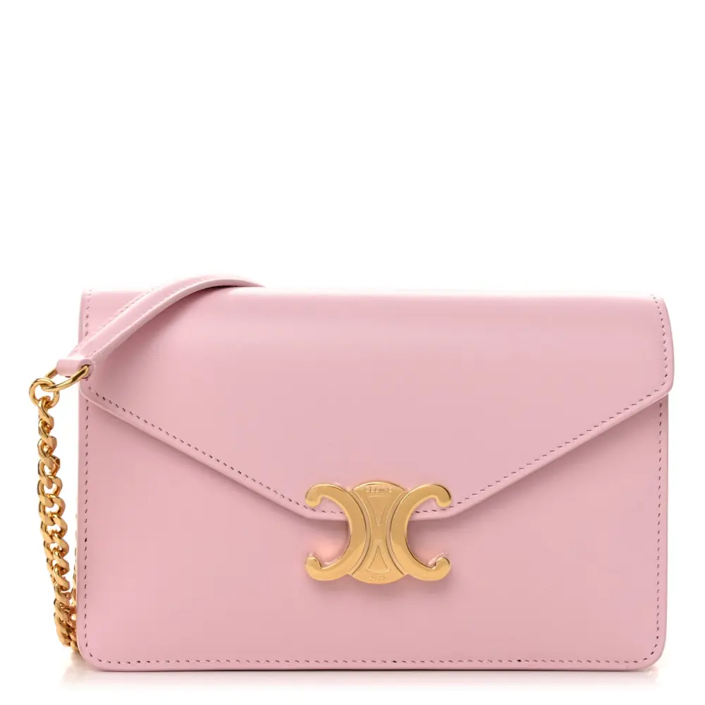 Celine Triomphe Margo Bolsa Carteira na Corrente Rosa Pastel Couro Bezerro Brilhante Hardware Dourado