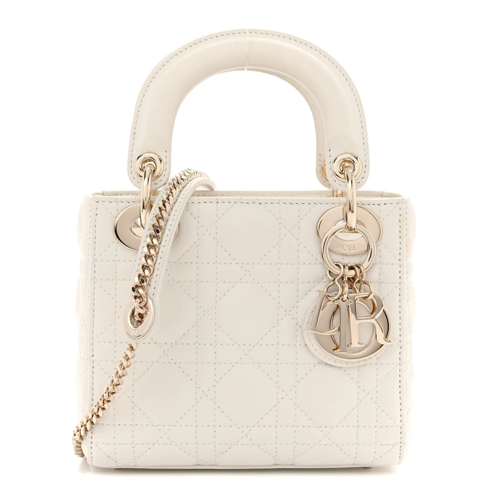 Dior Mini Lady Dior Branco Couro de Cordeiro Cannage Hardware Dourado