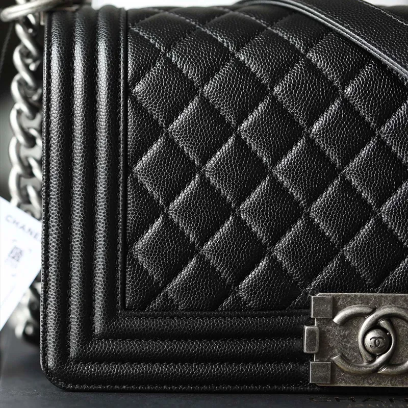 Chanel Lleboy Black Quilted Shiny Calfskin Leather / Quilted Caviar Leather Shoulder Bags Crossbody Bags