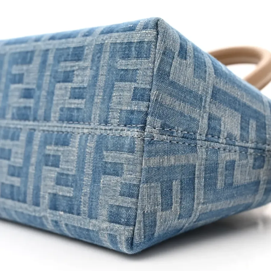 Fendi FF Mini By The Way Top Handle Boston Bag Tortora/Nuvola Denim & King Vitello Leather Gold Hardware