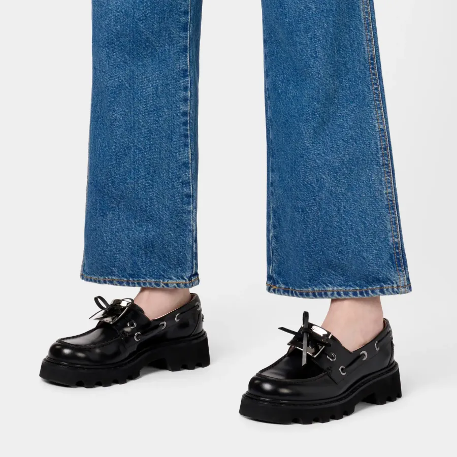 Roger Vivier Viv' Rangers Truck Boat Shoes Loafers In Black Leather With Metal Buckle (Heel Height 5cm)