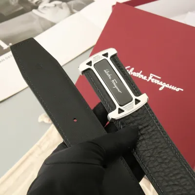 Ferragamo Men's Square Buckle With Crystal Belt In Black Calfskin With Gold/Silver Hardware 38mm