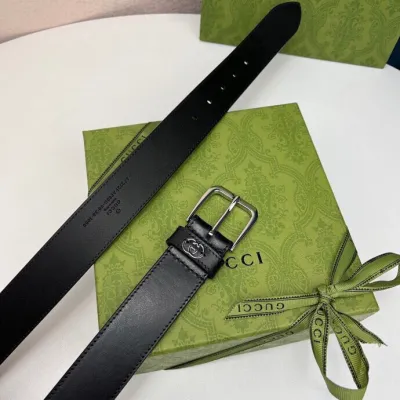 Gucci Men's Square Buckle And Interlocking G Belt In Black/Brown Calfskin With Gold/Silver Hardware 35mm