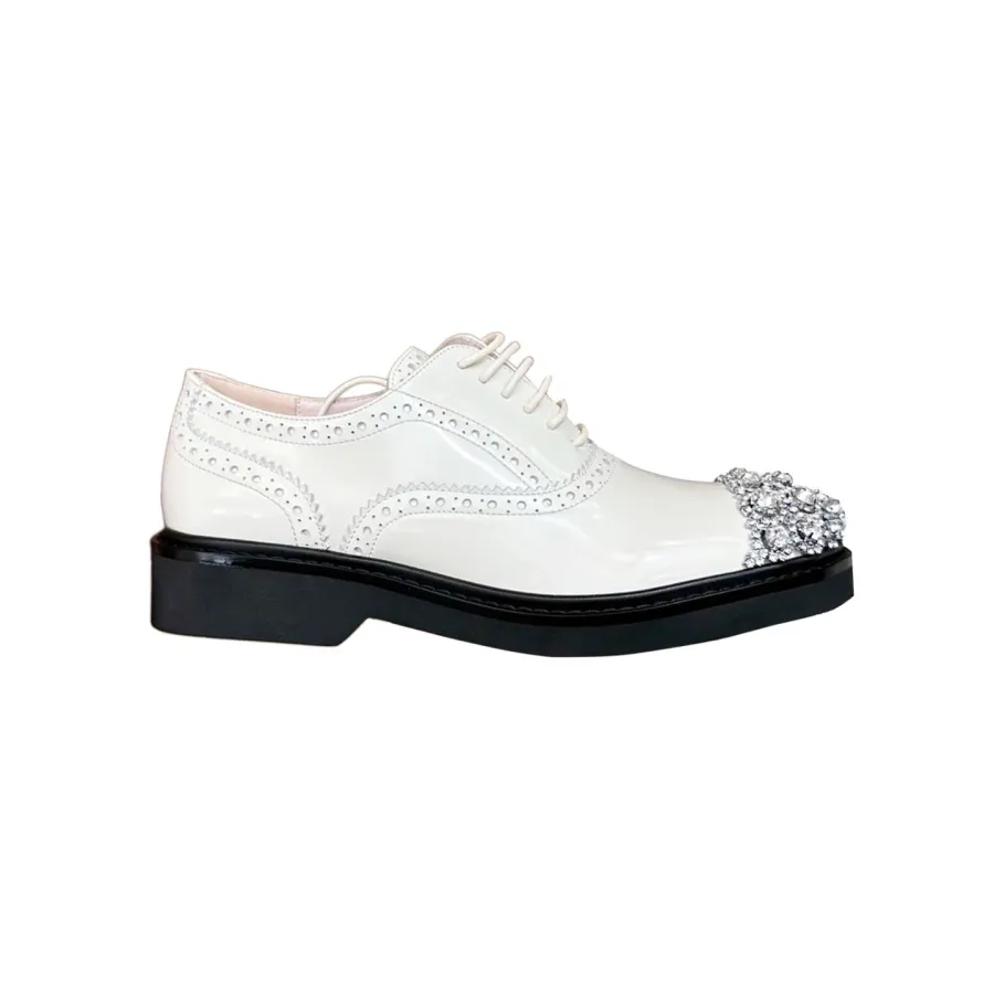 Roger Vivier Viv' Rangers Lace-Ups Loafers In White/Red Leather With Crystal Flowers