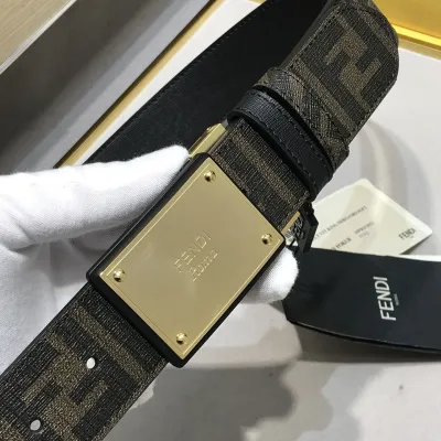 Fendi Men's Rectangle Buckle Belt In Black/Brown/Red Calfskin And Monogram Canvas With Gold/Silver Hardware 38mm