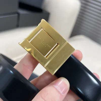 Saint Laurent LA 76 Belt In Burgundy/Black Smooth Calfskin With Gold/Silver Hardware 30mm