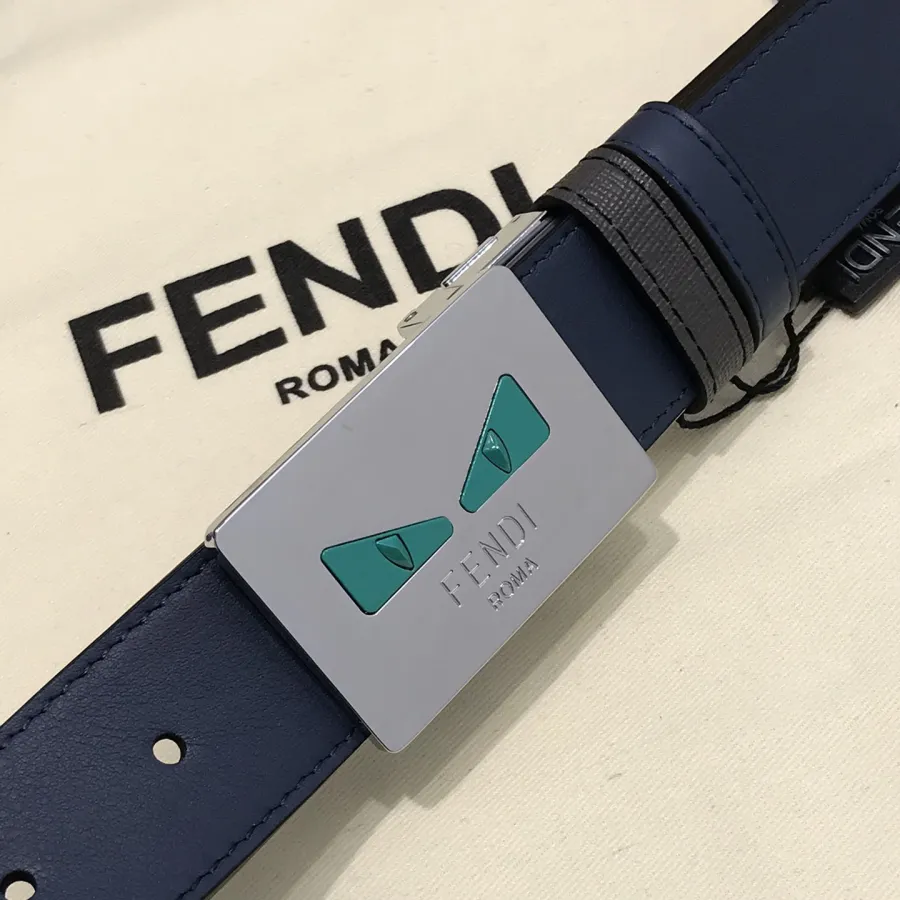 Fendi Men's FF Monster Eyes Belt In Blue/Black Saffiano Leather With Silver Hardware 35mm
