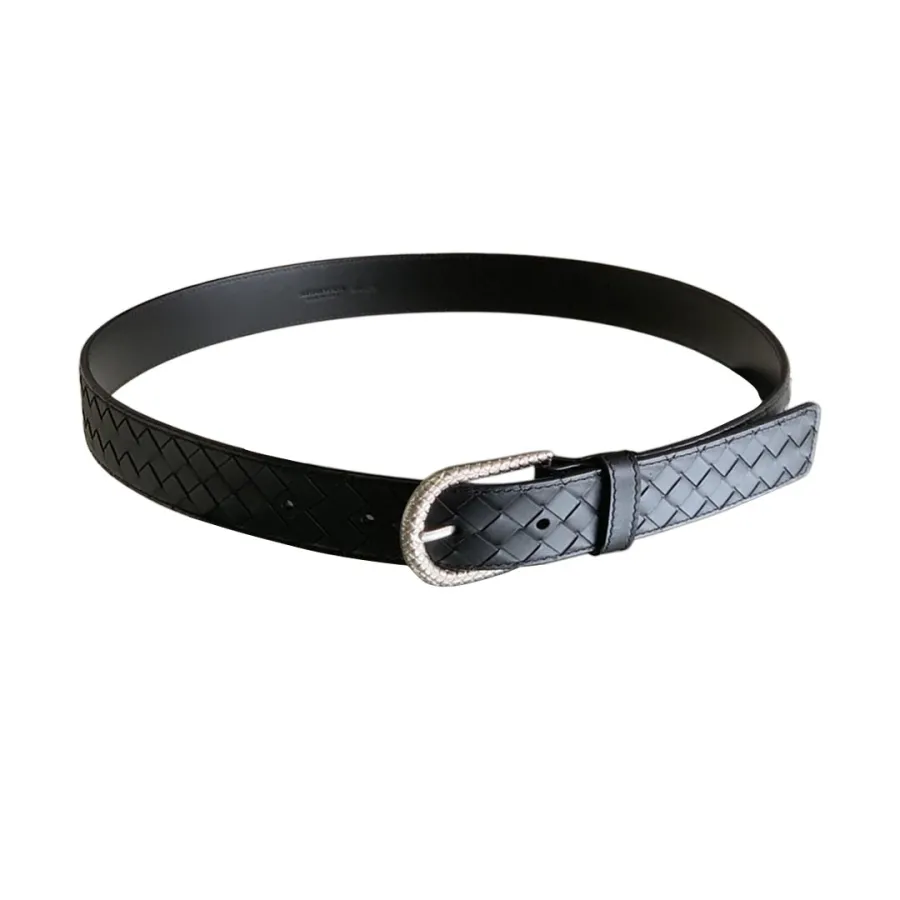 Bottega Veneta Men's Semicircle Buckle Intrecciato Belt In Black Calfskin With Matte Gun Black/Silver/Gold Hardware 35mm