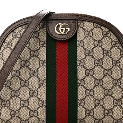 Gucci Small Ophidia Dome Shoulder Bag Beige / Ebony / New Acero GG Supreme Monogram Canvas & Textured Dollar Calfskin Leather Gold
