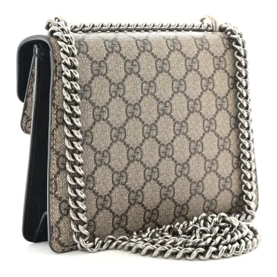 Gucci Mini Dionysus Shoulder Bag Black GG Supreme Monogram Canvas Aged Silver Hardware