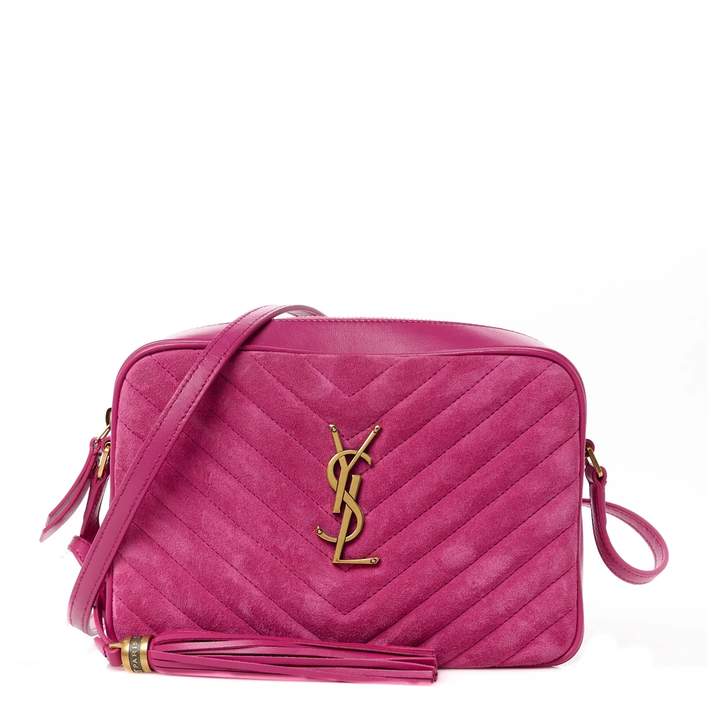 Saint Laurent Bolsa Câmera Média Lou Rose Monograma Camurça Matelassê Couro Hardware Envelhecido Dourado