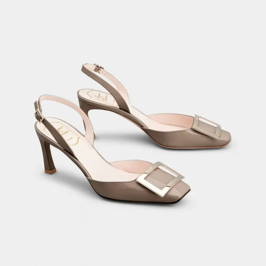 Roger Vivier Trompette Slingback Pumps High Heels In Beige Patent Leather With Metal Buckle (Heel Height 7cm)