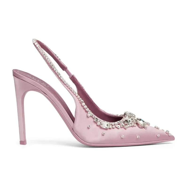 Gucci pink pointed heels crystal high heels shoes Rear lace up high heels
