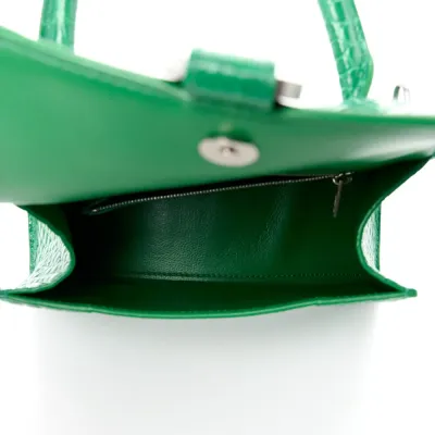 Balenciaga Small Hourglass Top Handle Bag Leaf Green Crocodile Embossed Shiny Calfskin Leather Silver Hardware