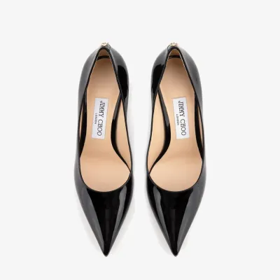 JIMMY CHOO JC badges adorne black patent high heels