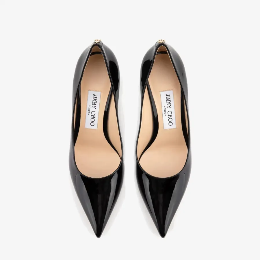 JIMMY CHOO JC badges adorne black patent high heels