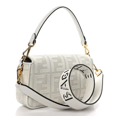 Fendi Extra Strap FF Embroidered Baguette White Ice Canvas & King Vitello Leather Gold Hardware