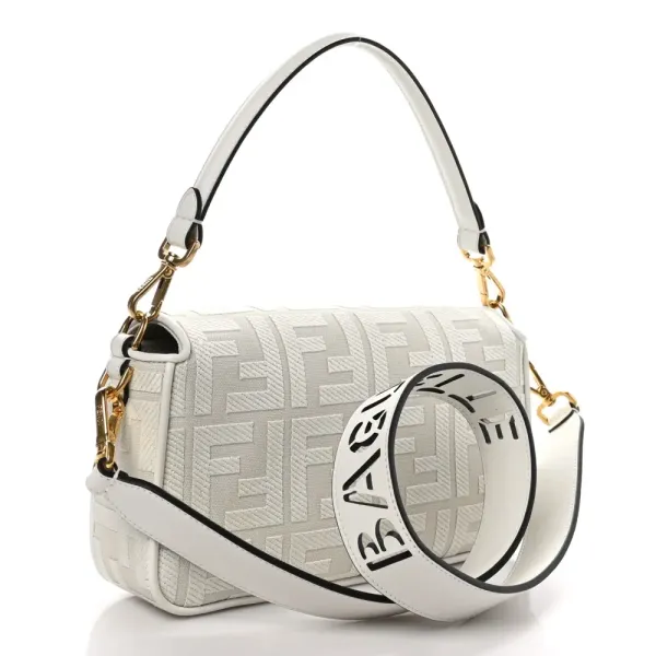 Fendi Extra Strap FF Embroidered Baguette White Ice Canvas & King Vitello Leather Gold Hardware - Image 3