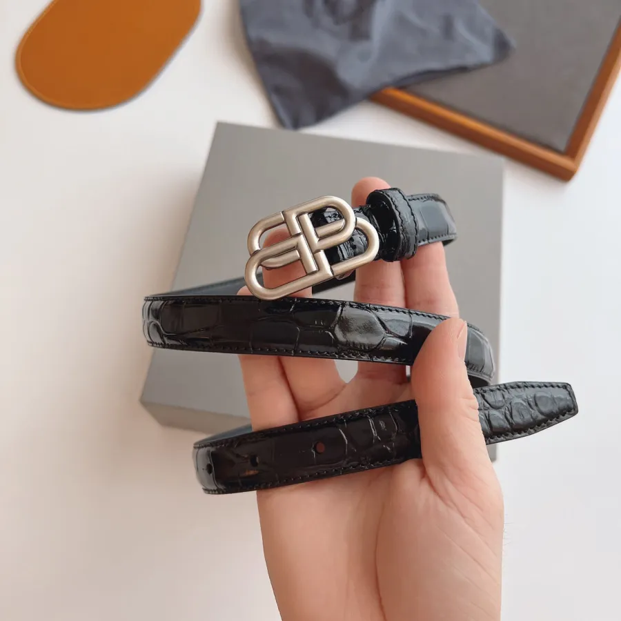 Balenciaga Women's BB Thin Belt In Black Crocodile Embossed Calfskin With Gold/Silver Hardware 20mm