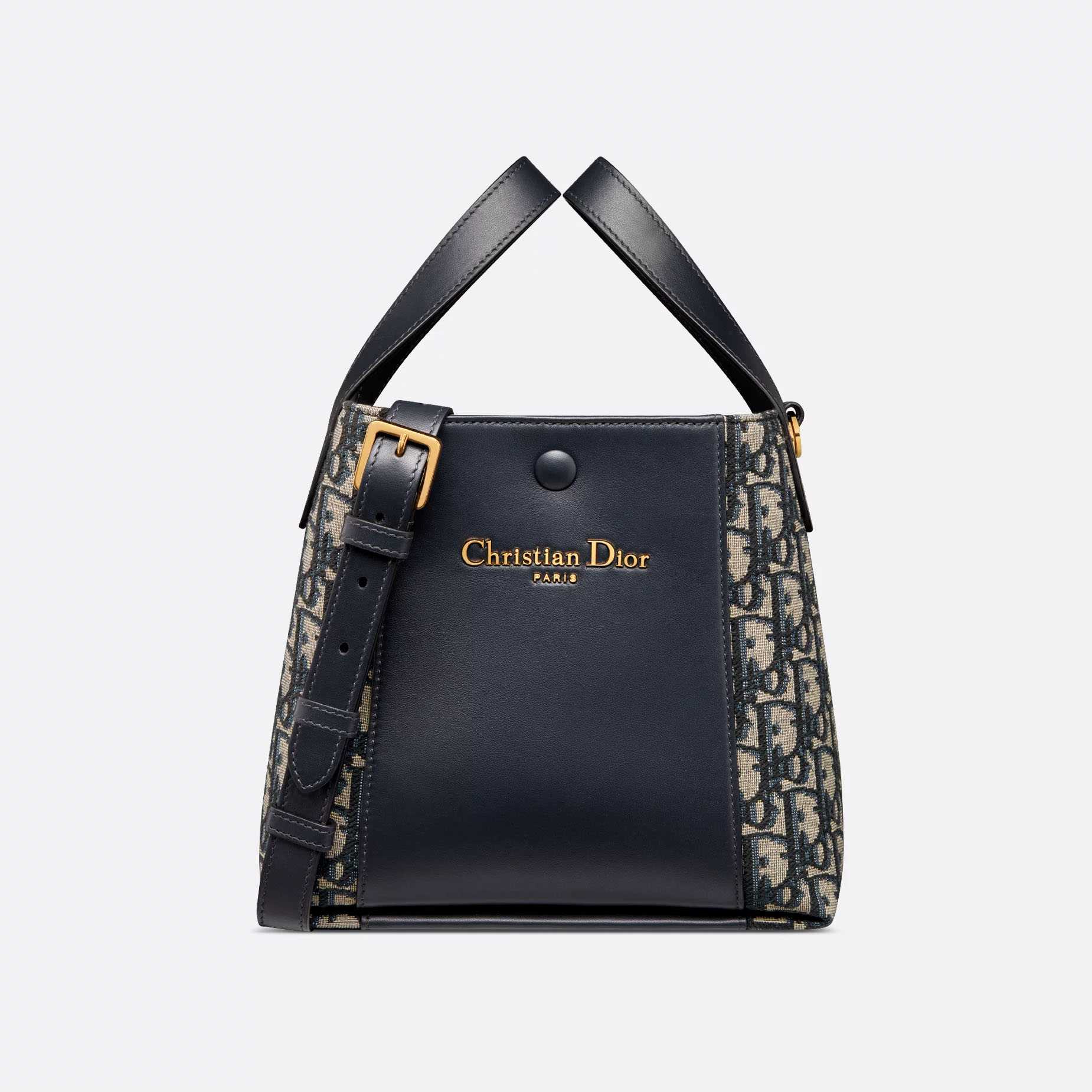 Bolsa Bucket Small Signature Dior em Jacquard Oblique Dior Azul/Couro Calfskin Preto Grained com Hardware Dourado